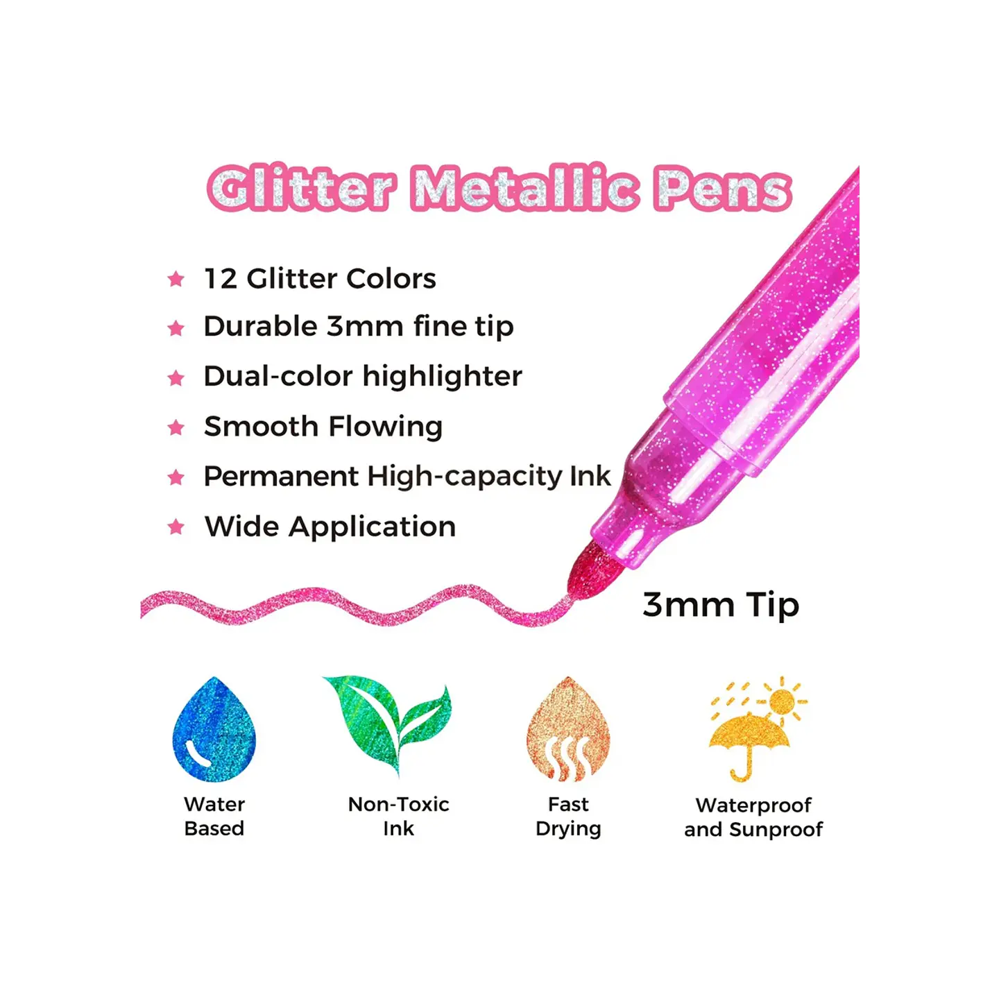 Set de Marcadores Metálicos con Purpurina Ohuhu – Punta Redonda 3 mm 3