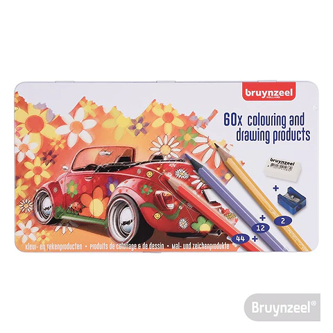 Set 60 caja metálicas Bruenzeel Lápices + sacapuntas + goma
