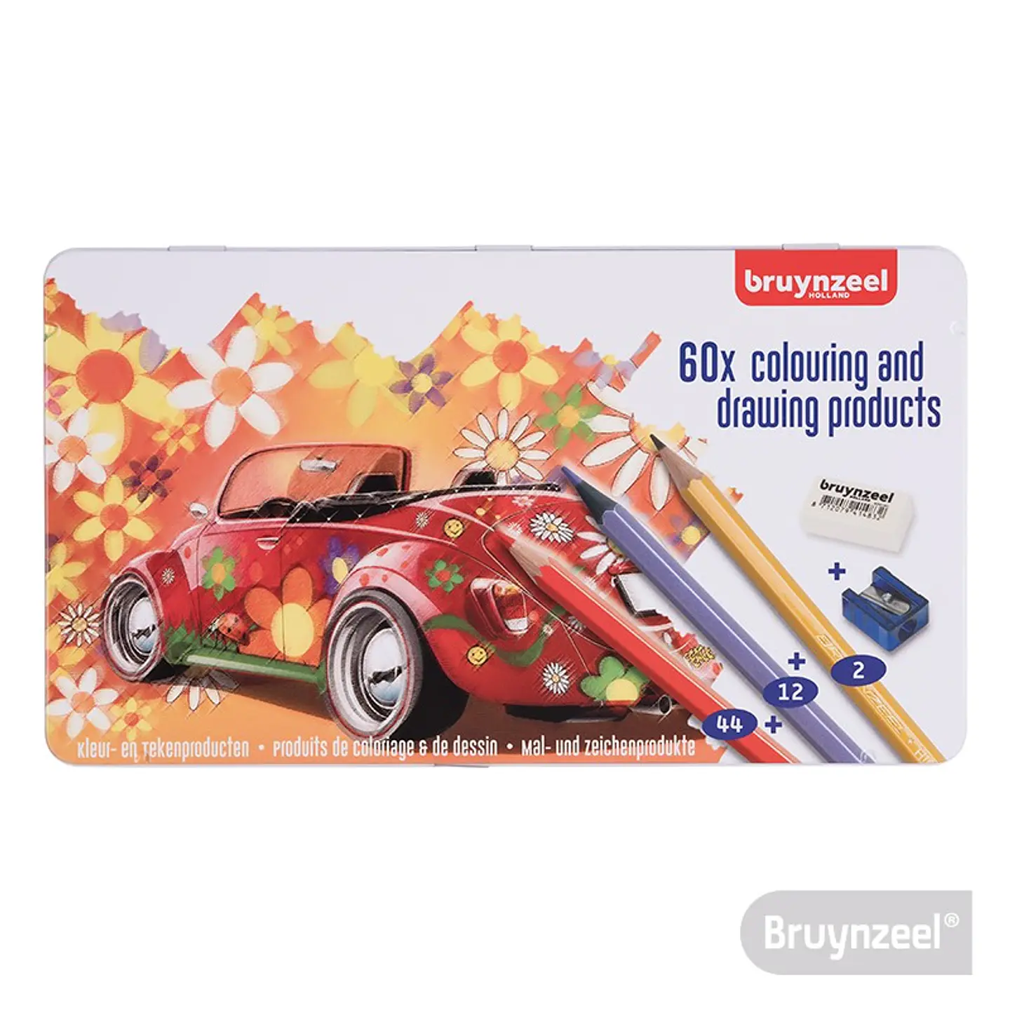 Set 60 caja metálicas Bruenzeel Lápices + sacapuntas + goma 1