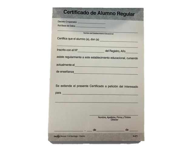 CERTIFICADO ALUMNO REGULAR  BLOCK 50 HOJAS