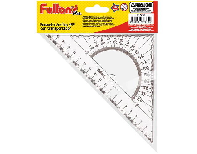 ESCUADRA 45º 20 CMS. CON TRANSPORTADOR