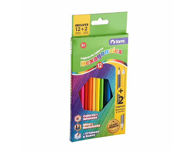 LAPICES COLORES HEXAGONALES 12 UNIDADES + 2 