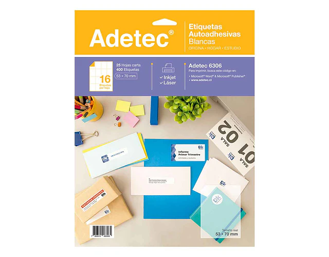 ETIQUETA AUTOADHESIVA LASER 53X70mm BLANCA X 25H. ADETEC