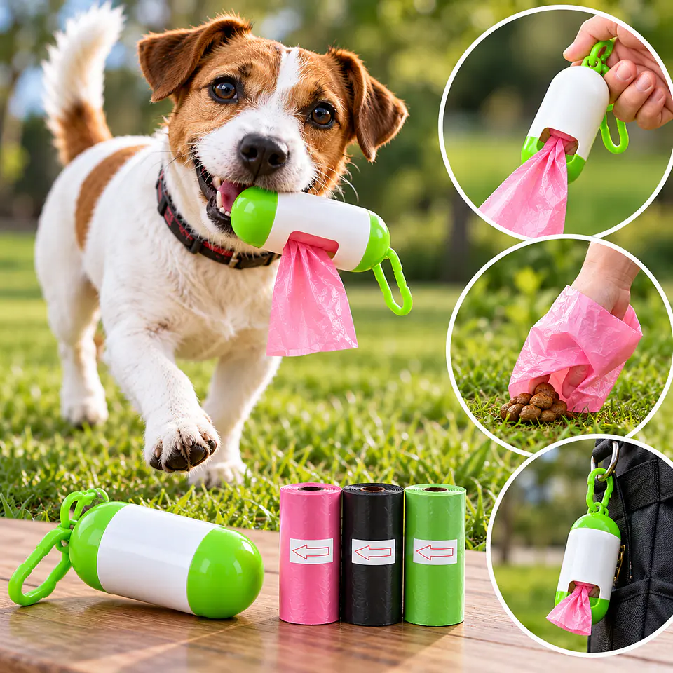 Kit de Bolsas Sanitarias para Perros – 3 Rollos de Bolsas + Dispensador 3