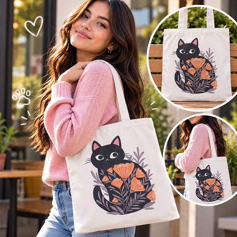 Bolsa Tote de Tela Gato Negro con Flores – Cat Lovers 🐱🌸