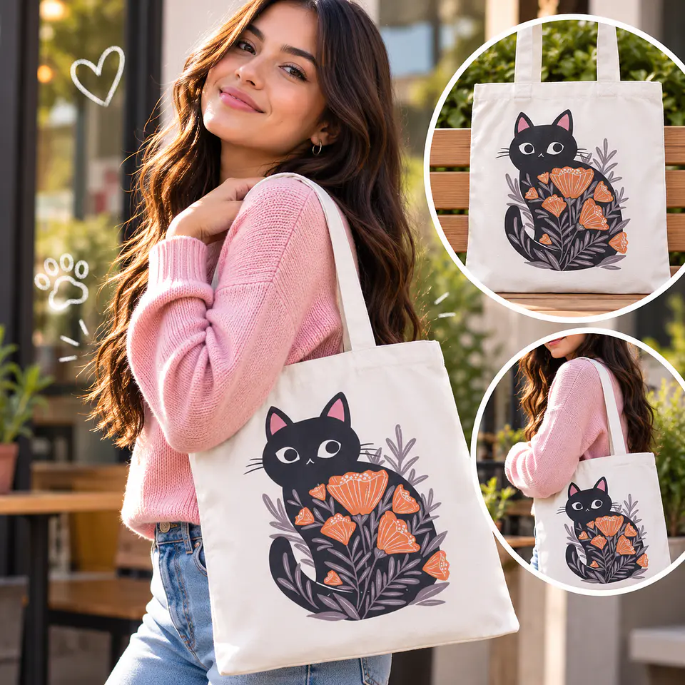 Bolsa Tote de Tela Gato Negro con Flores – Cat Lovers 🐱🌸 2