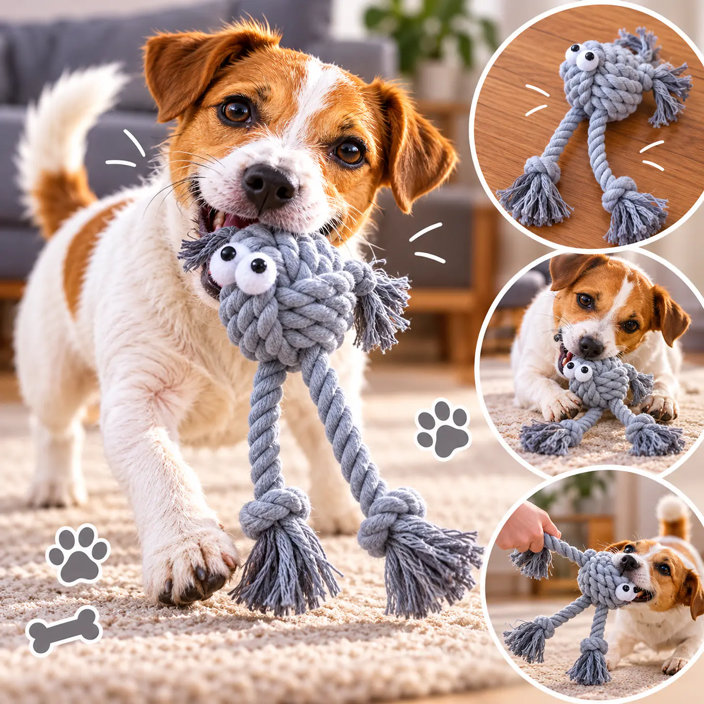 Juguete de Cuerda para Perros – Pelota Gris con Patitas 🐾 2