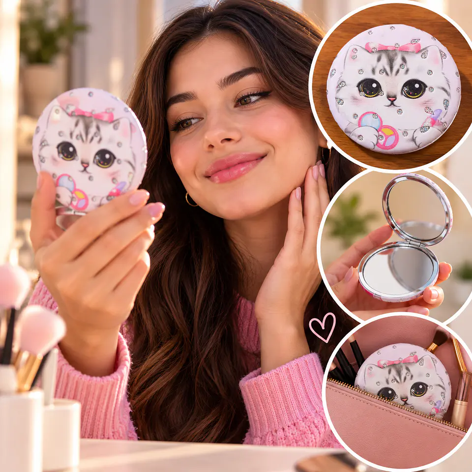 Espejo Compacto de Bolsillo con Diseño de Gatito Estilo Kawaii 🐱💕 2