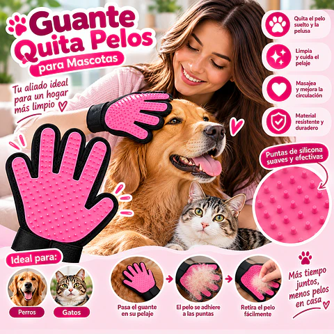 Guante Quitapelos y Masajeador para Mascotas – Rosado 🐶🐱💗