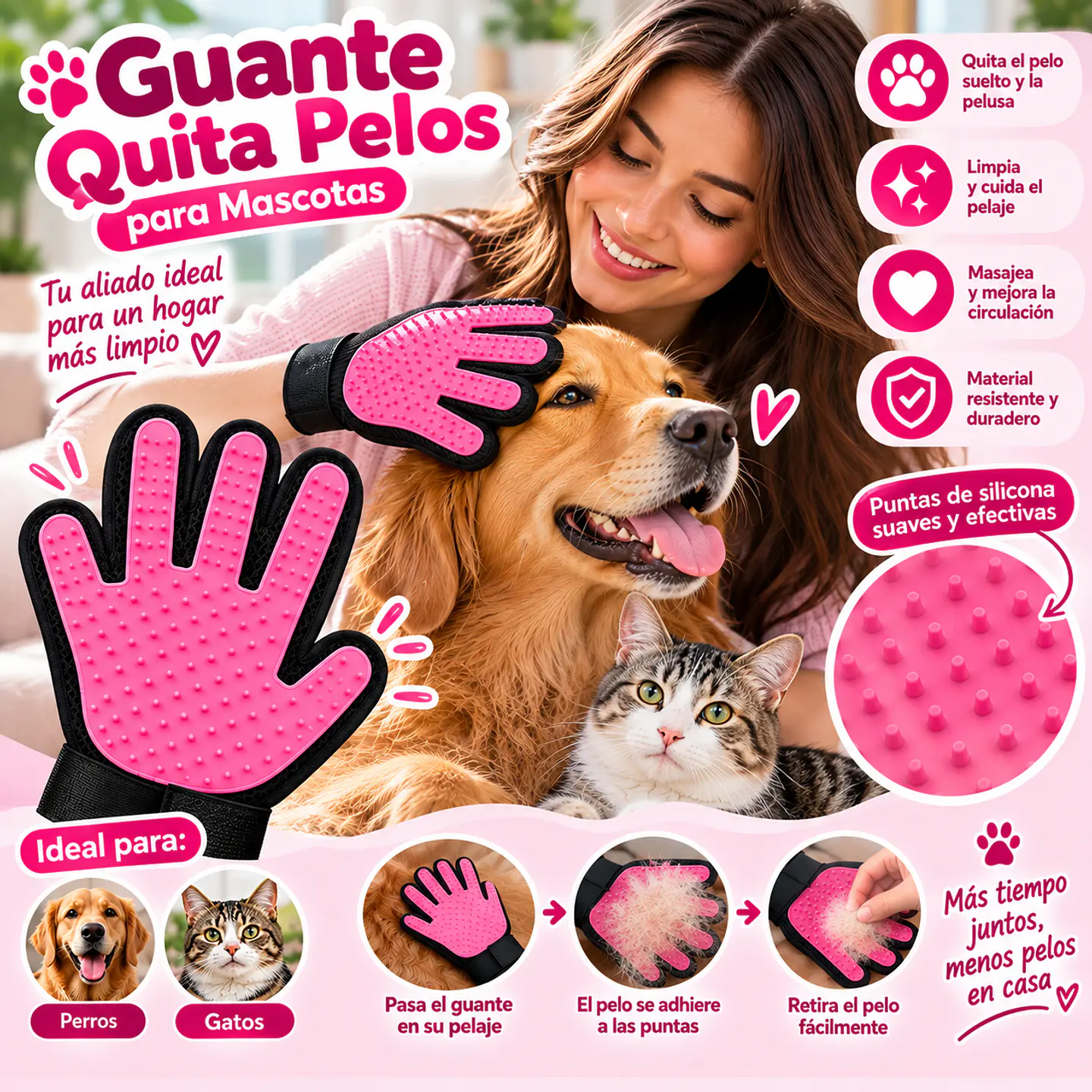 Guante Quitapelos y Masajeador para Mascotas – Rosado 🐶🐱💗 2
