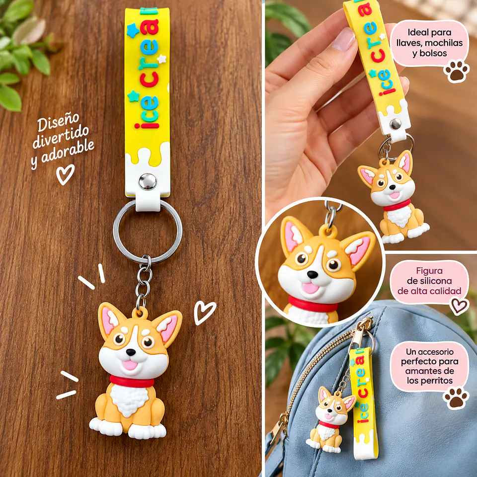Llavero Perrito Corgi con Correa Decorativa 🐶🔑 2
