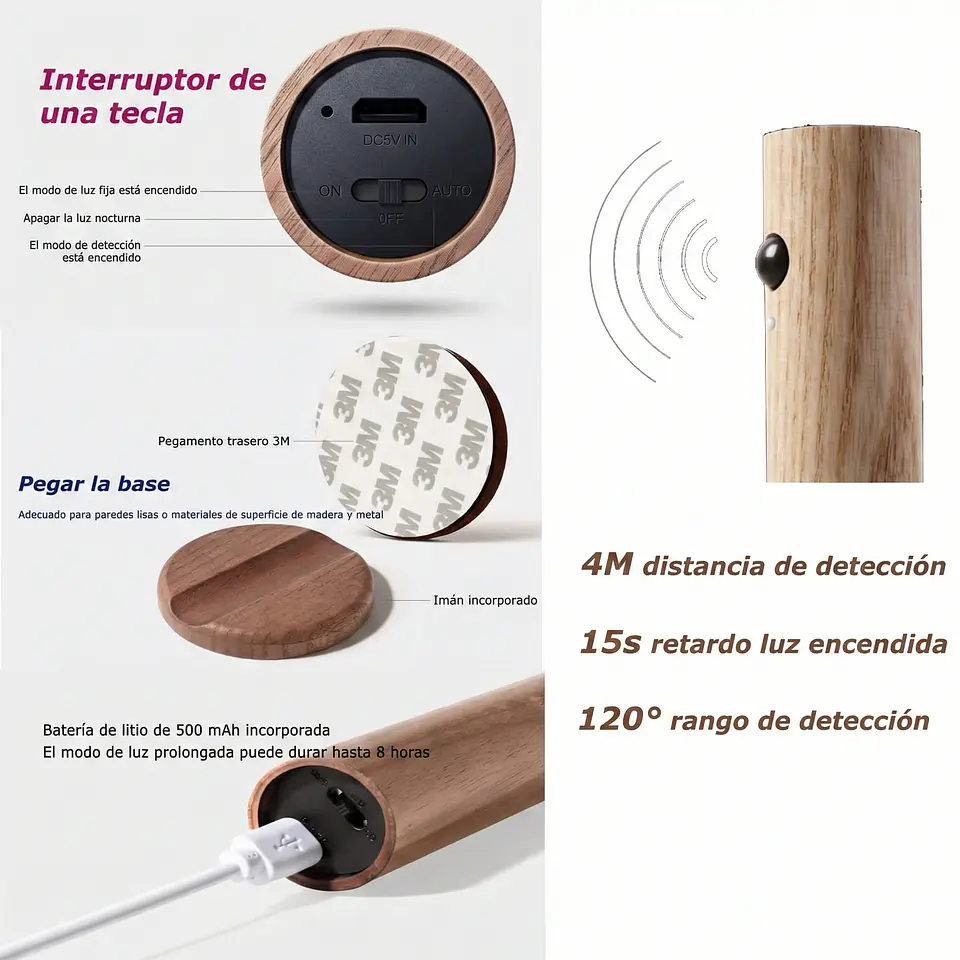 Luz LED Sensor Movimiento Inalámbrica Magnética Recargable 4