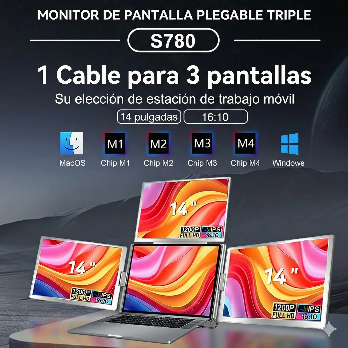 Monitor Portátil Triple Plegable 14'' Full HD 2