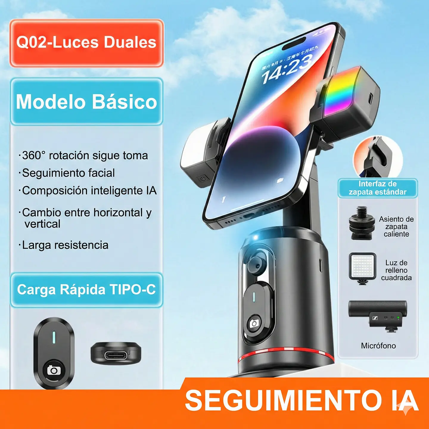 Selfie Stick Estabilizador IA 360° Seguimiento Facial 3