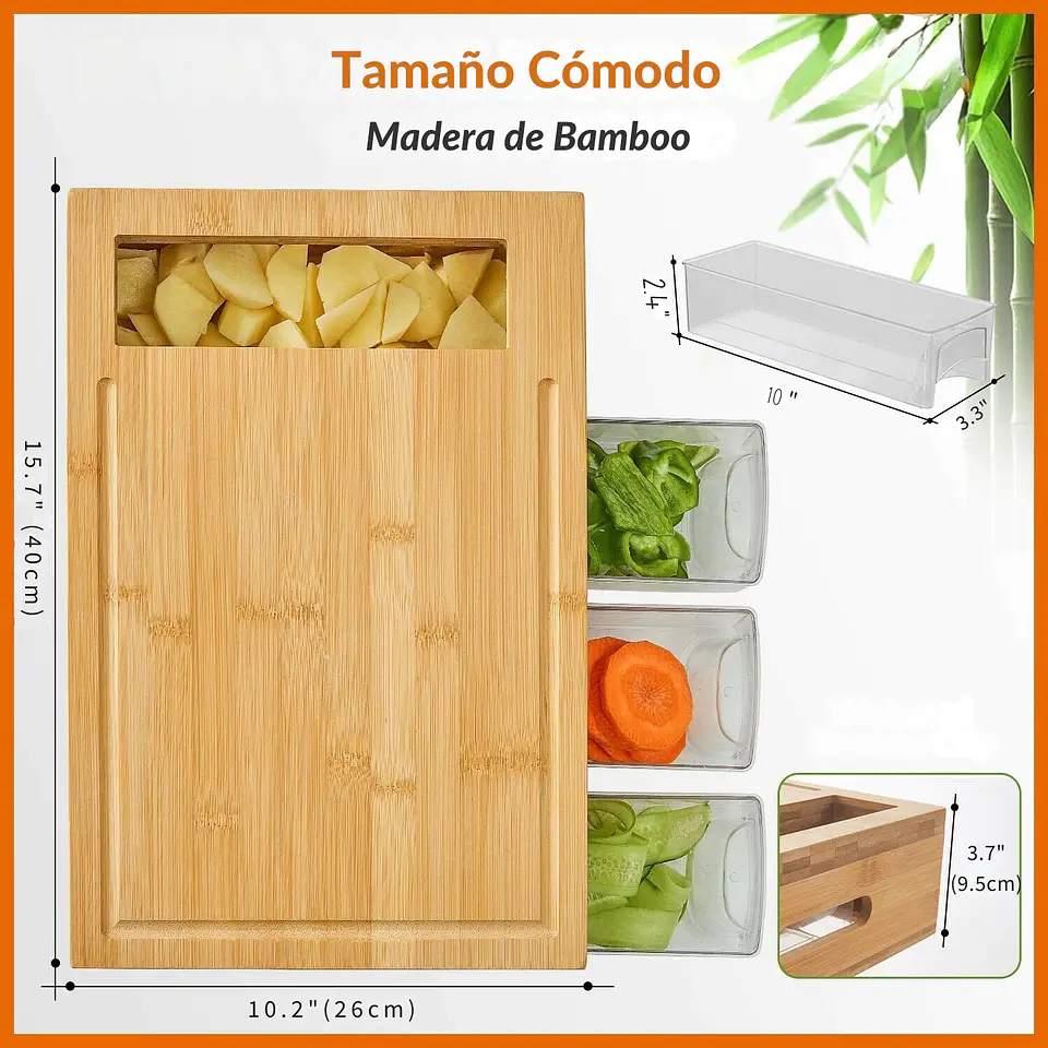 Tabla Cortar Bambú con 4 Contenedores Extraíbles y con tapa 5