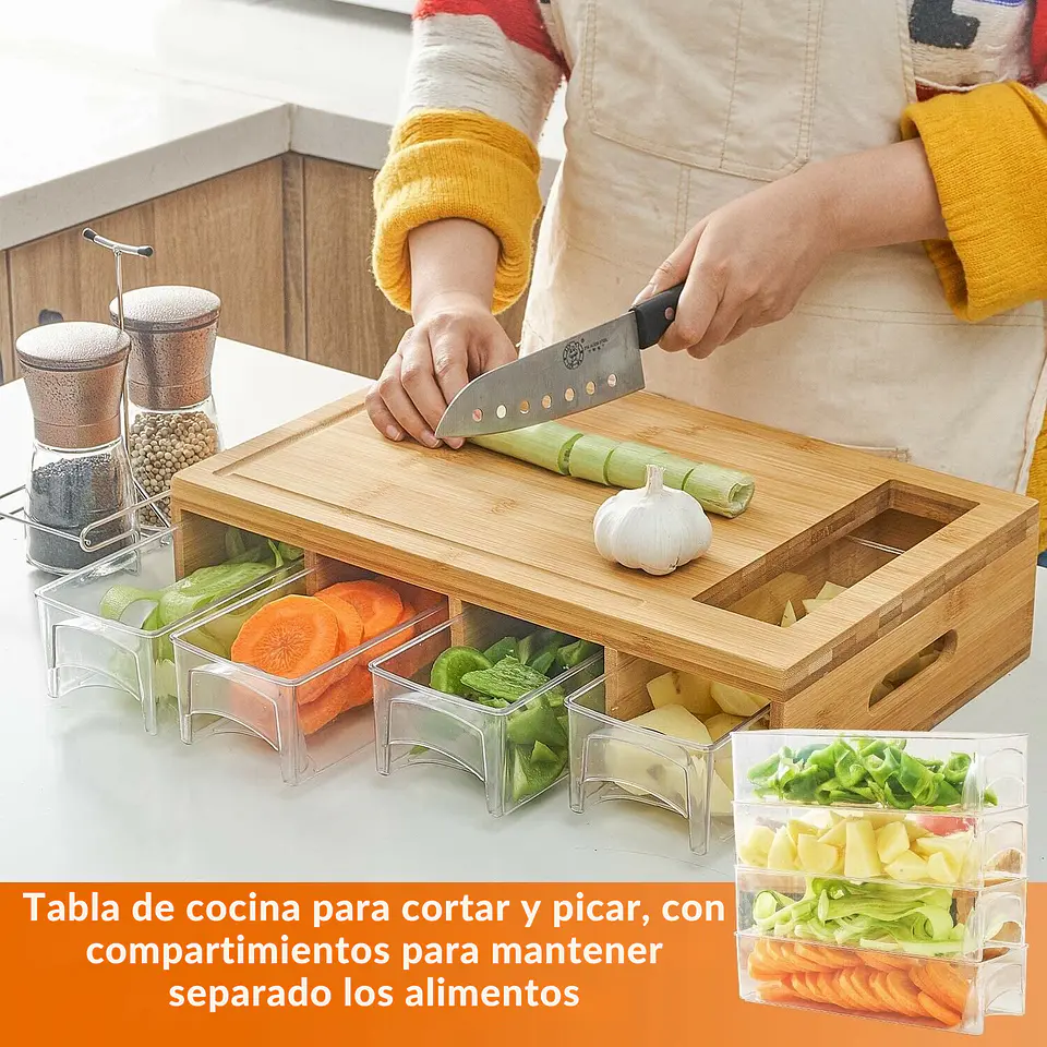 Tabla Cortar Bambú con 4 Contenedores Extraíbles y con tapa 4