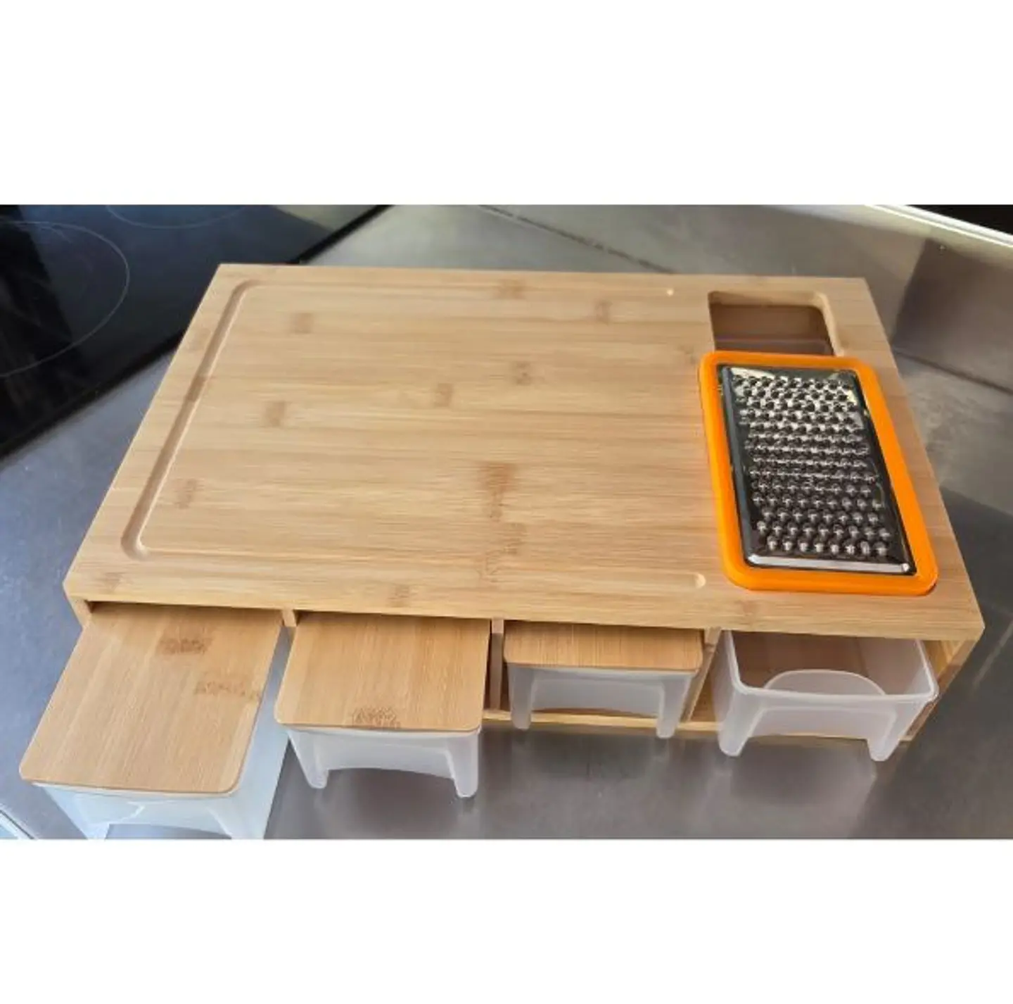 Tabla Cortar Bambú con 4 Contenedores Extraíbles y con tapa 9