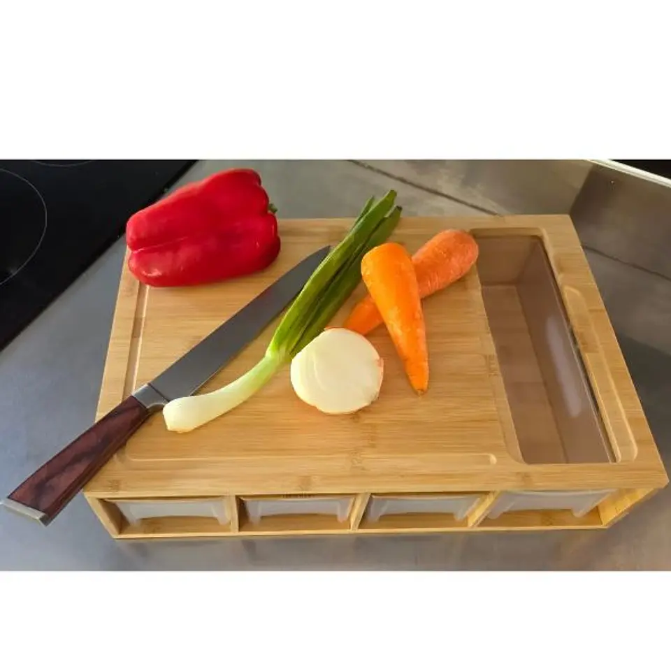 Tabla Cortar Bambú con 4 Contenedores Extraíbles y con tapa 10