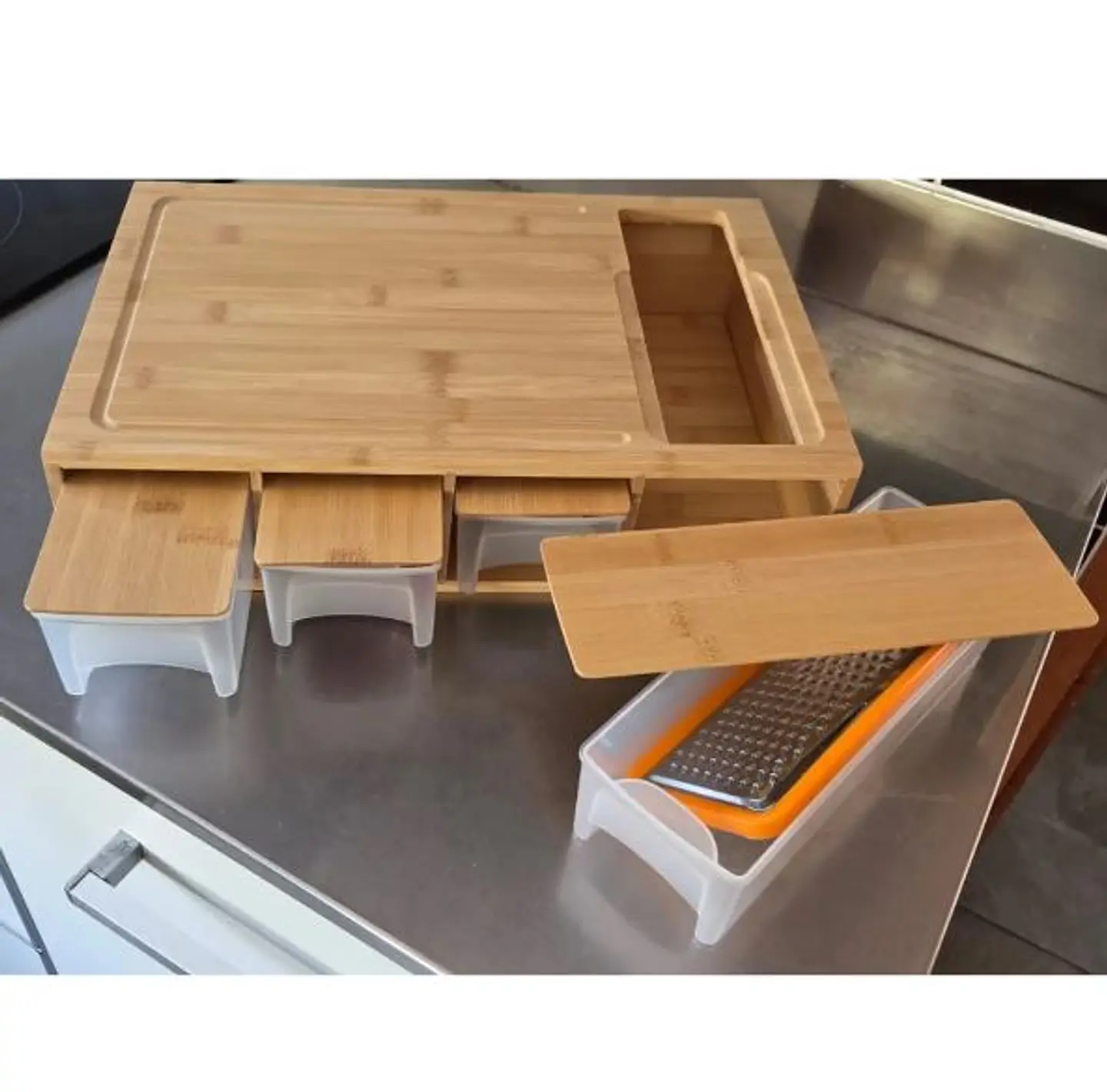 Tabla Cortar Bambú con 4 Contenedores Extraíbles y con tapa 8