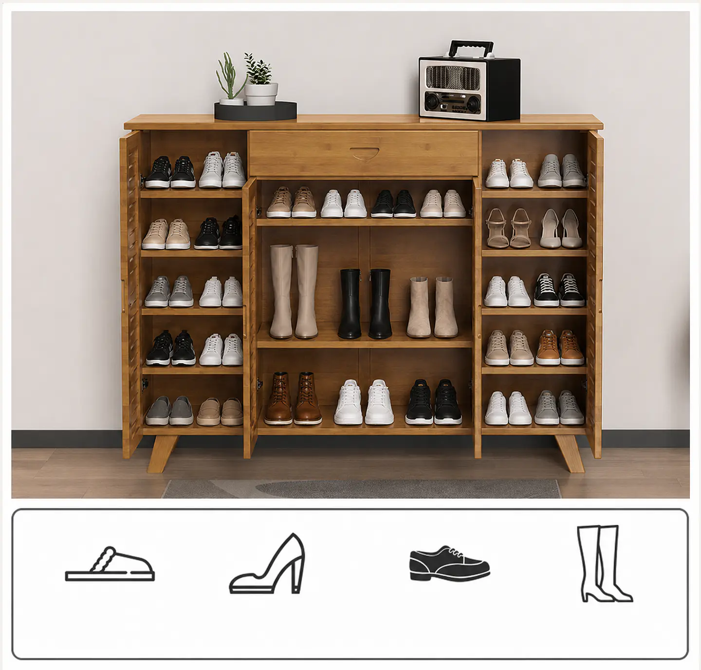 Zapatero Organizador de Bambu Moderno 4 puertas 1 cajón 5