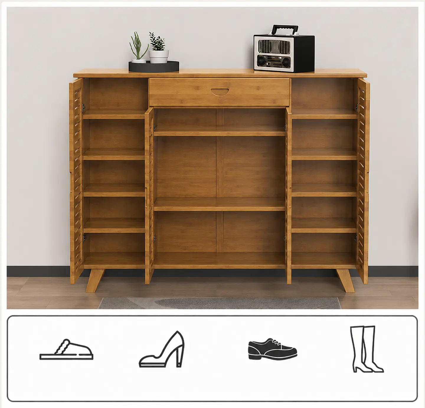 Zapatero Organizador de Bambu Moderno 4 puertas 1 cajón 3