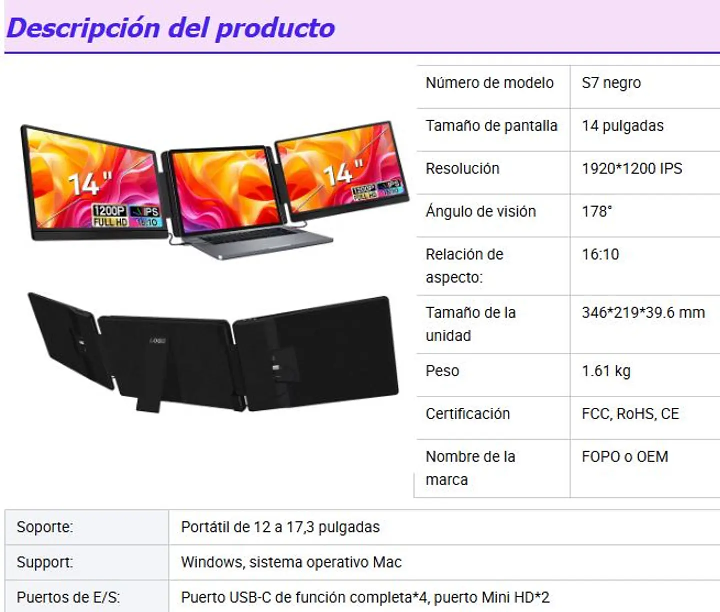 Monitor Doble Portatil Plegable 14