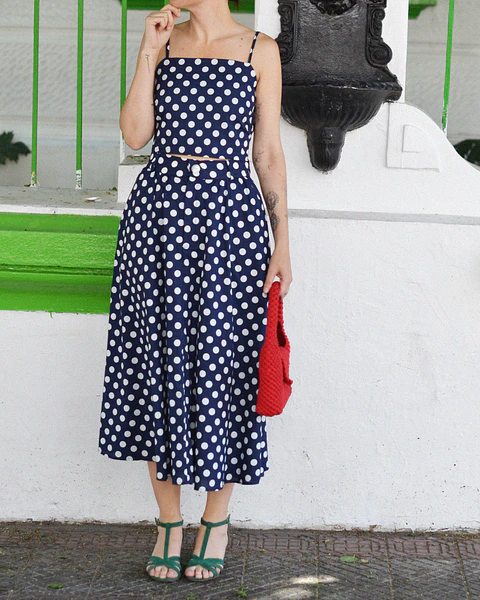 Falda Eve azul lunares blancos