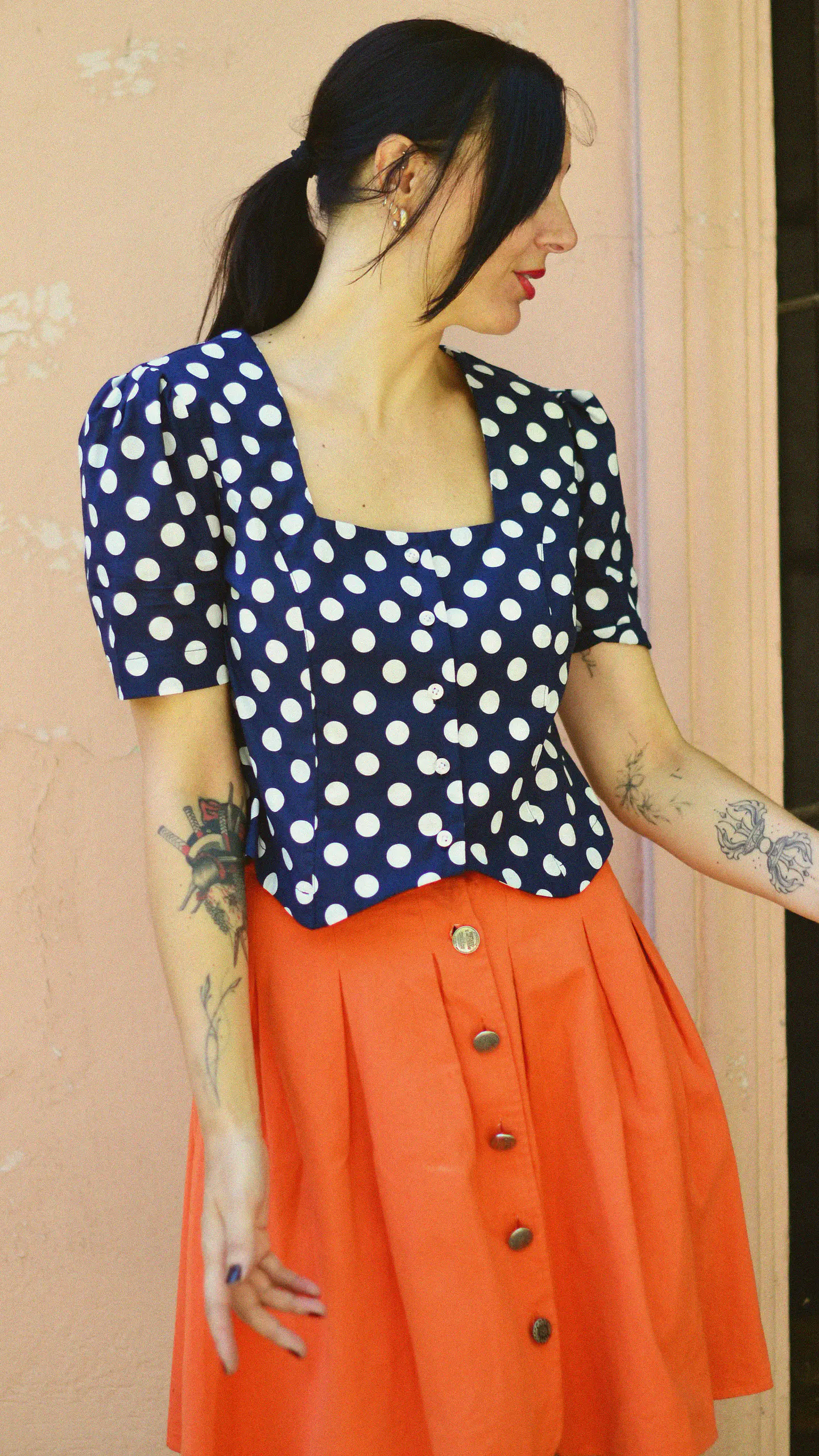 Blusa Natalia azul lunares blancos 1