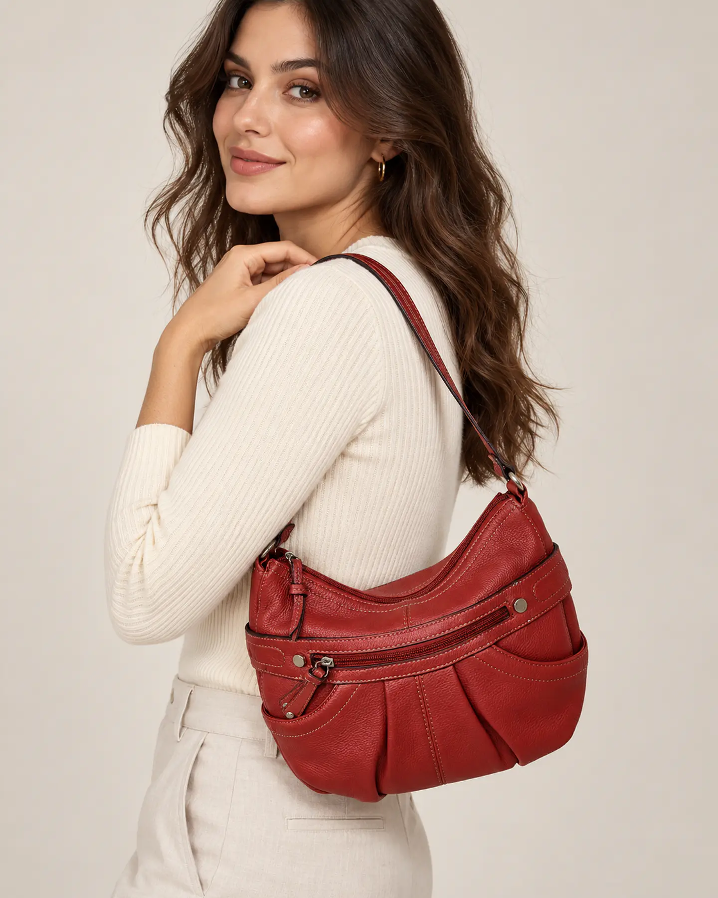 Tignanello Red Pebbled Leather Hobo Shoulder Bag 2