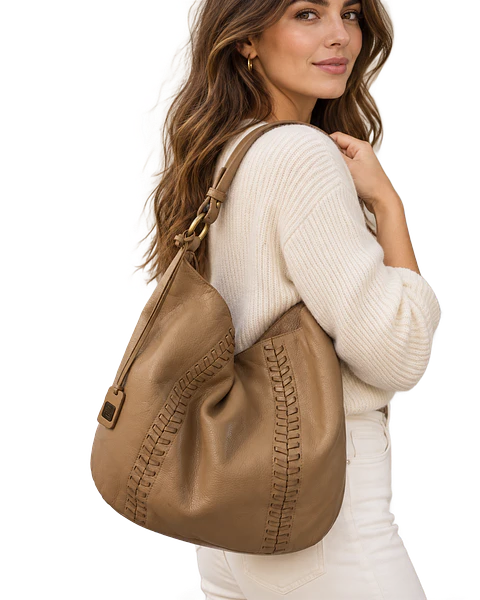Bolso Hobo Ralph Lauren Camel con Detalle Whipstitch