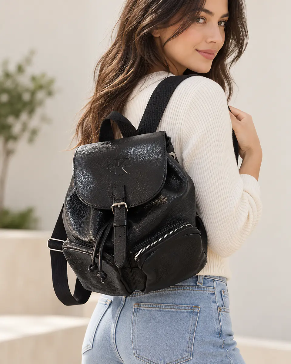 Mochila Calvin Klein Negra con Solapa y Monograma CK 2