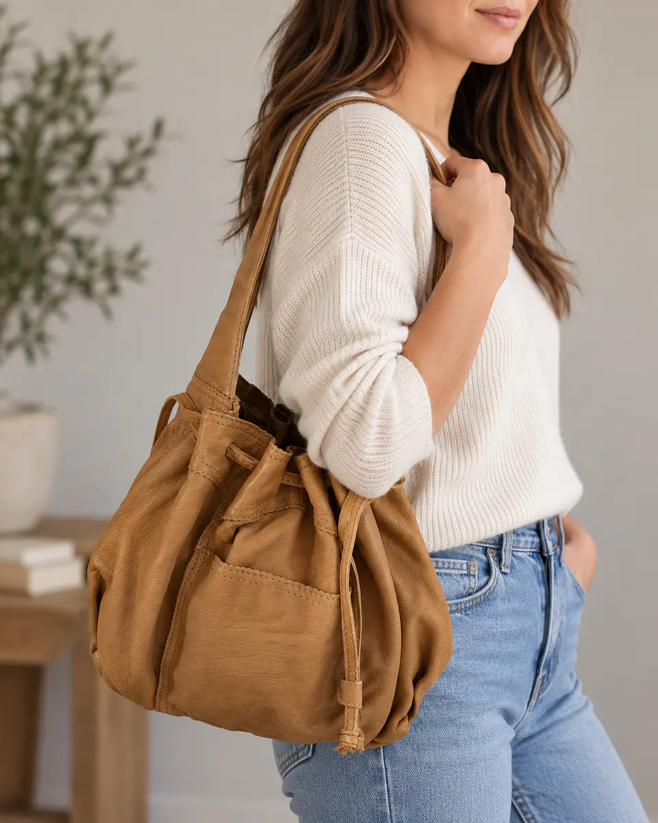 Lucky Brand Drawstring Bucket Bag Camel 2