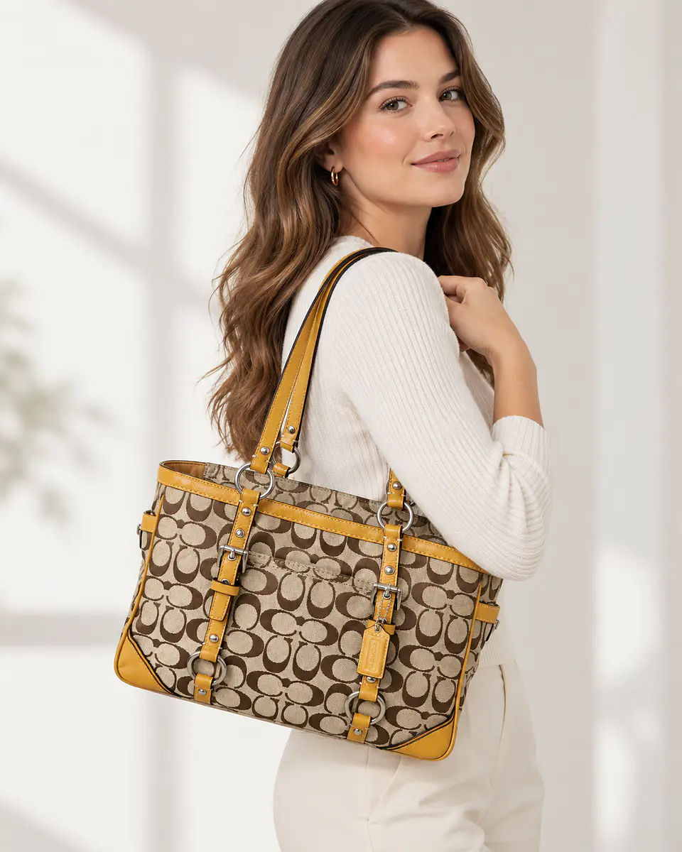 Coach Soho Signature Jacquard Buckle Tote 1853 – Khaki/Yellow 2