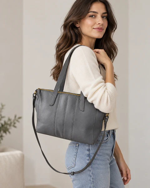 J.Crew Leather Tote with Removable Shoulder Strap – Gray