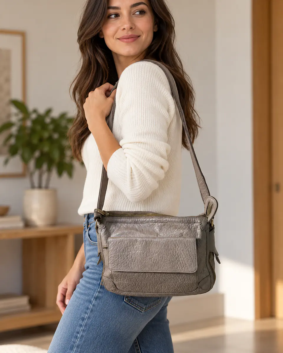 Danier Genuine Leather Multi-Pocket Crossbody – Taupe 2