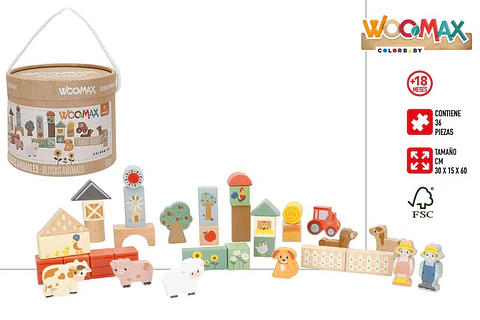 Bloco madeira 36pcs animais de quinta +18M ref.33069