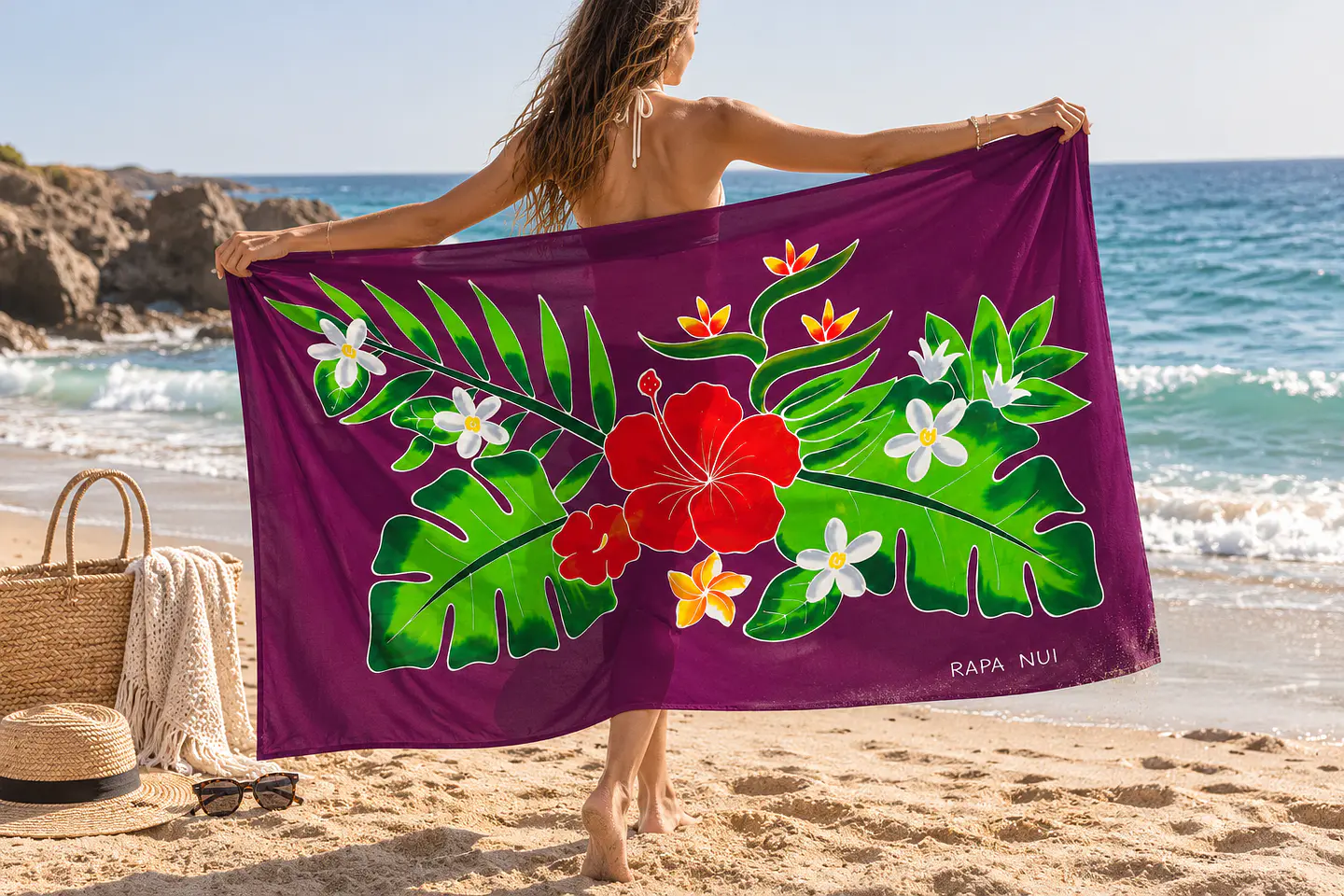 Pareo Tropical Pintado a Mano Botanico morado 2