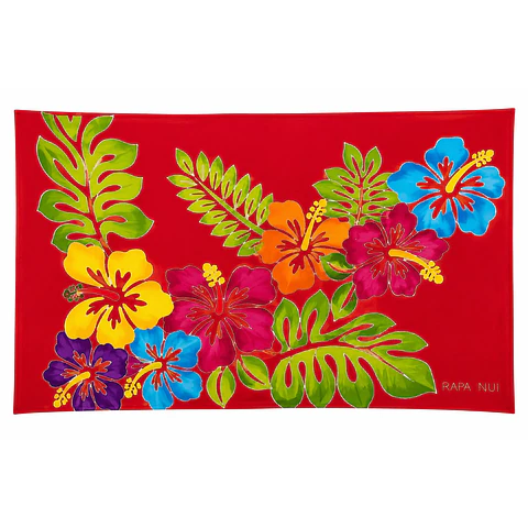 Pareo Tropical Pintado a Mano  Diseño floral tropical - fondo rojo