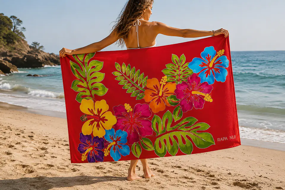 Pareo Tropical Pintado a Mano  Diseño floral tropical - fondo rojo 2