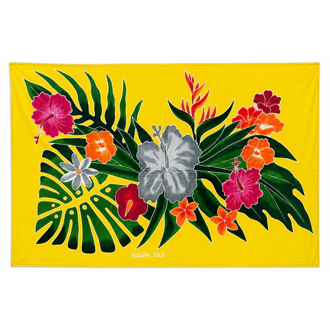 Pareo Tropical Pintado a Mano  Diseño floral tropical - fondo amarillo