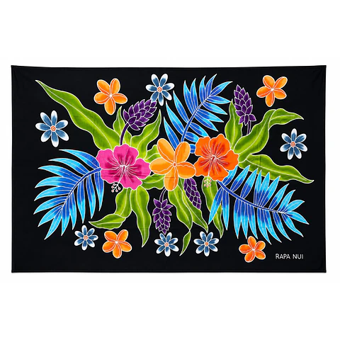 Pareo Tropical Pintado a Mano  Diseño floral tropical - fondo negro