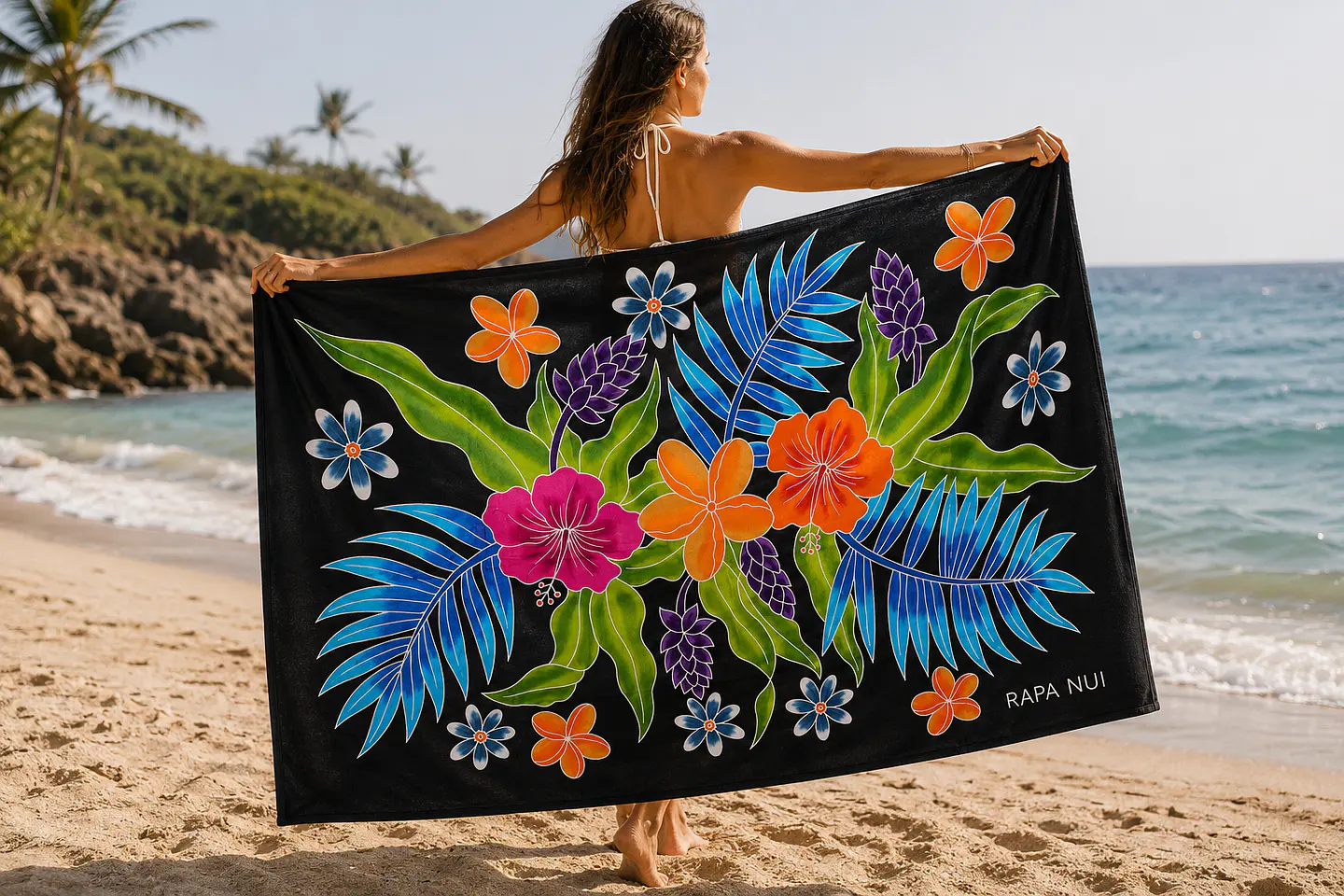 Pareo Tropical Pintado a Mano  Diseño floral tropical - fondo negro 2