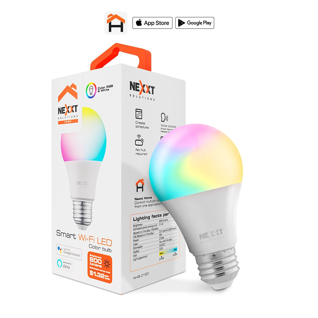 Foco inteligente Nexxt luces multicolor, wi-fi, 9w, tipo de bombilla A19 1