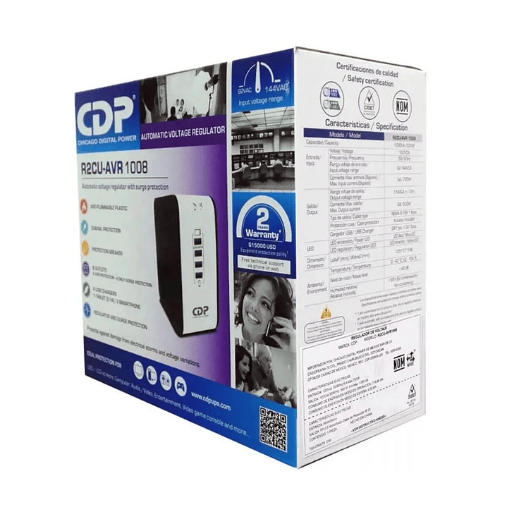 Estabilizador de voltaje CDP R2CU-AVR 1008I  8 tomas de salida 4  puertos USB  1000VA 500W 1