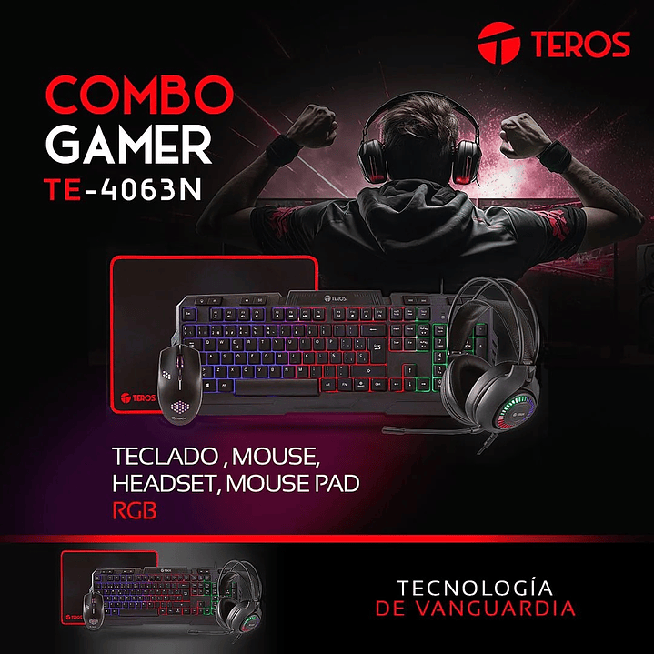 KIT TEROS 4 EN 1 ( TE-4063N ) GAMING | TECLADO + MOUSE + PAD MOUSE + AUDIFONO 2