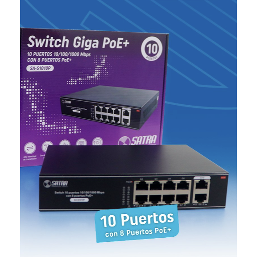 SWITCH 10 PUERTOS GIGABIT CON 8 PUERTOS POE+ 30W NO  ADMINISTRABLE RACKEABLE - SATRA 2