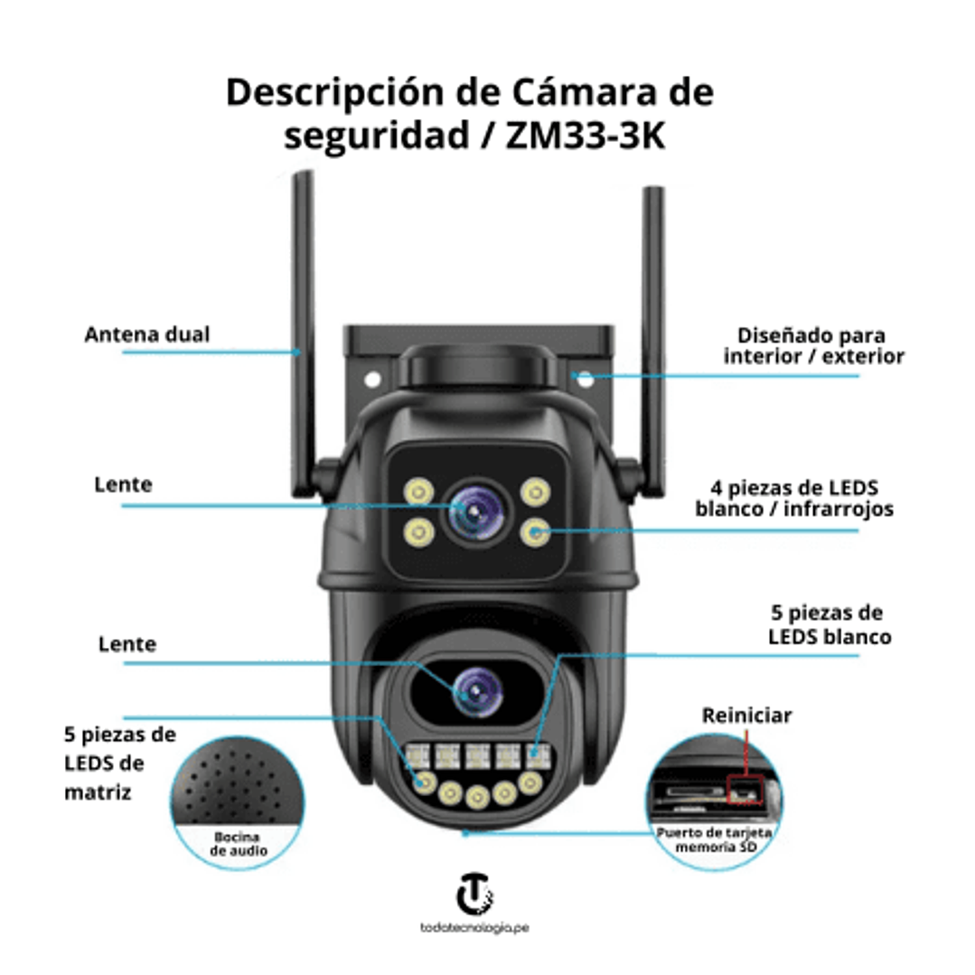 Cámara Seguridad  PTZ WIFI Doble Lente Visión Noctuna Infrarroja Full HD 2
