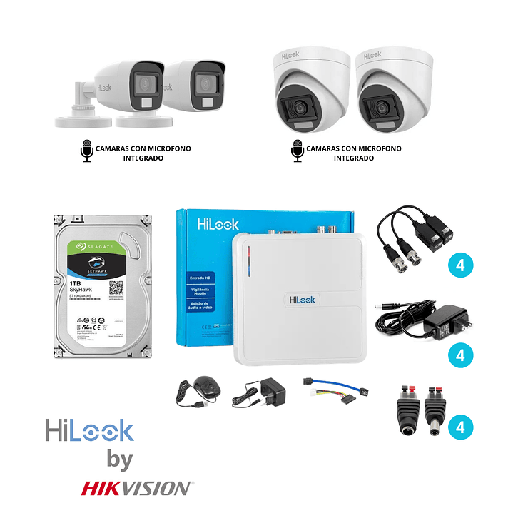 CÁMARAS SEGURIDAD HiLooK KIT 4 FHD 1080P C/Audio y Smart Hibrid Ligth 1