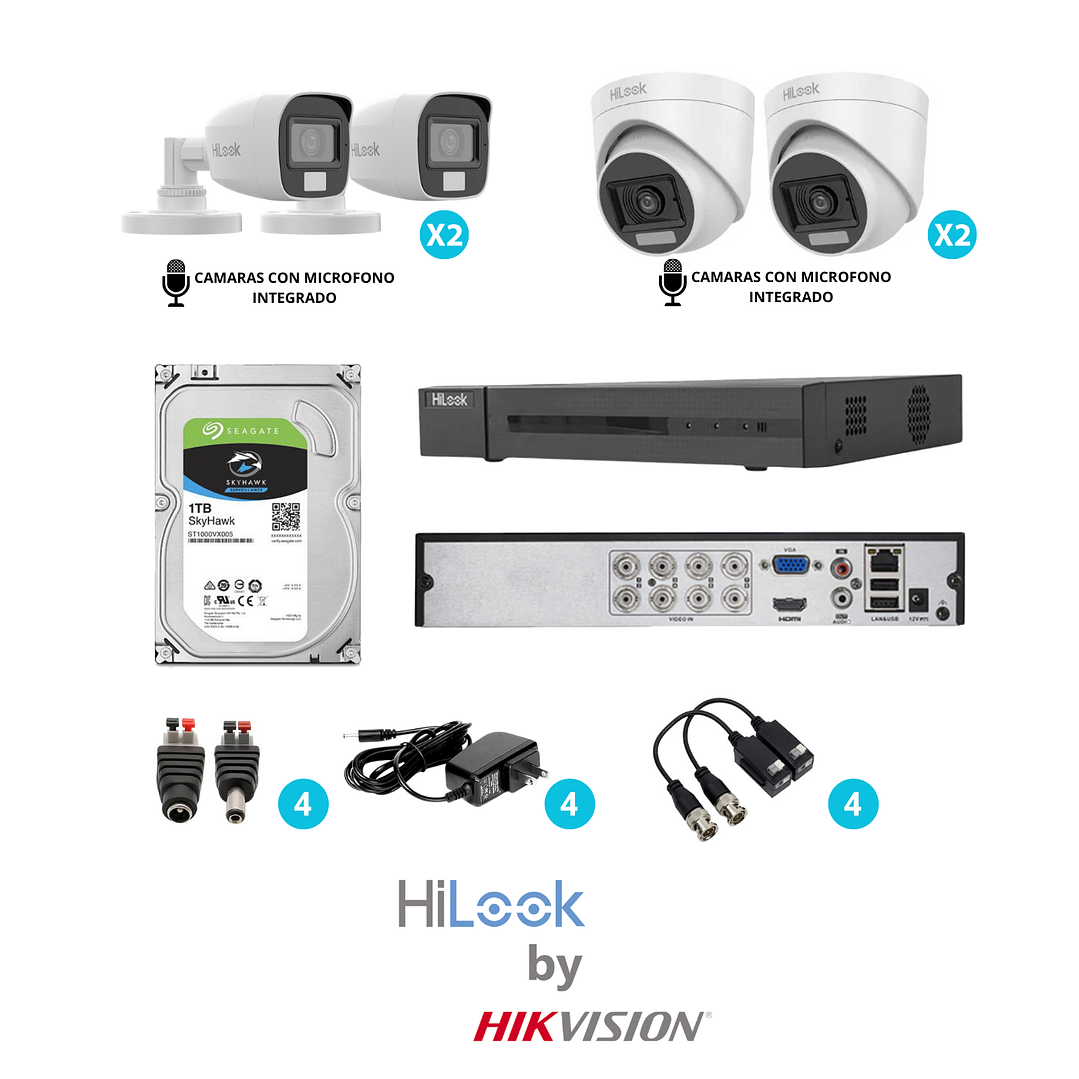 KIT 4 CÁMARAS SEGURIDAD FHD 1080P C/Audio y Smart Hibrid Ligth con DVR 8Ch 3K Lite 1