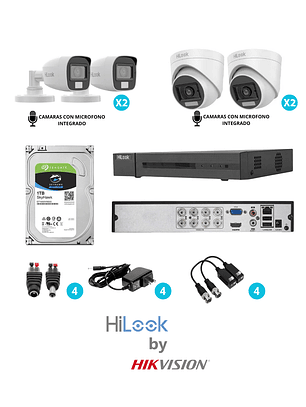 KIT 4 CÁMARAS SEGURIDAD FHD 1080P C/Audio y Smart Hibrid Ligth con DVR 8Ch 3K Lite